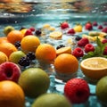 healthy fruits submerging in crystal clear water, representing the perfect balance of natural