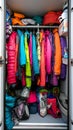 An array of vibrant outdoor jackets in various colors hangs in a locker, showcasing gear organized for winter adventures Royalty Free Stock Photo