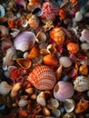 An array of vibrant shells lay tered along the seabed.. AI generation