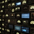 An array of vintage analog dials and meters on a panel, measuring voltage, current, Royalty Free Stock Photo