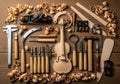 Layout highlights traditional techniques used in crafting string instrument Royalty Free Stock Photo