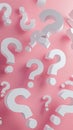 Array of white question marks casting soft shadows on a pastel pink backdrop, search and mystery