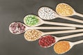 Array of wooden spoons filled with a variety of colorful beans