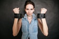 Arrest. Criminal woman prisoner showing handcuffs Royalty Free Stock Photo