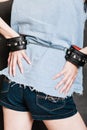 Arrest and jail. Closeup handcuffs on female hands Royalty Free Stock Photo