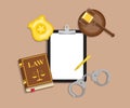 Arrest warrant on black tablet lies with police handcuffs and legal book, gavel and golden badge on wooden table