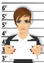 Arrested businesswoman posing for mugshot holding a signboard