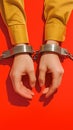 Arrested hands in handcuffs on vibrant red backdrop, law enforcement