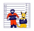 Arrested Man with Dog Characters Getting Front View Mug Shot in Police Station Holding Placard with Guilty Inscription