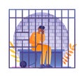 Arrested man sitting behind bars concept