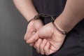 Arrested person in handcuffs on a dark background close-up, chained hands on the back Royalty Free Stock Photo