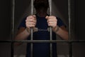 Arrested prisoner is holding bars in prison cell