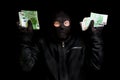 Arrested thief in balaclava with stolen money and raised arms Royalty Free Stock Photo