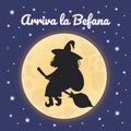 Arriva la Befana - Italian translation - Befana Arrives. Cute Witch Befana tradition Christmas Epiphany character in Italy flying Royalty Free Stock Photo