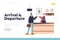 Arrival and departure concept of landing page with male visitor at hotel reception in lobby