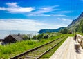 Arrival of the locomotive on the platform Royalty Free Stock Photo