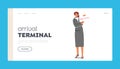 Arrival Terminal Landing Page Template. Female Character Wearing Formal Suit Meeting Someone in Airport Hall