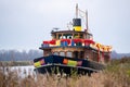 The arrival of the vintage boat from saint nicolas in the harbor, dutch culture