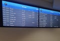 Arrivals display board at airport terminal showing international destinations flights to some of the world`s most popular cities