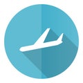 Arrivals vector icon, flight, airplane flat design blue round web button isolated on white background Royalty Free Stock Photo
