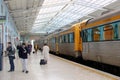 Arriving departing people train station Santa Apolonia, Lisbon Royalty Free Stock Photo