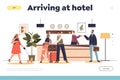 Arriving at hotel concept of landing page with lobby or reception hall interior and guest check in Royalty Free Stock Photo