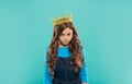 arrogant princess in tiara. proud kid with curly hair. egoistic teen girl wear diadem.