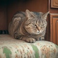 Arrogant tabby cat relaxes at home, a funny portrait