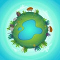 Arround the world circular panorama park forest view miniature planet concept with grass field . green peace nature , plants and f