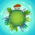 Arround the world circular panorama park forest view miniature planet concept with grass field . green peace nature , plants 