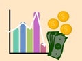 Bar graph of profit and loss of money, with coins and billites and an arrow pointing the los Royalty Free Stock Photo