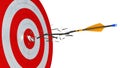 Arrow breaks over the target and crashes into the pieces. Royalty Free Stock Photo