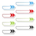 Arrow buttons. Black, green, blue and red arrows on the white simple stickers, rectangle with rounded corners.