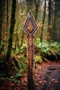 arrow carving on a rustic wooden signpost in a forest