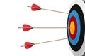 One red arrow hit on center archery board and two missing target in right composition with white background