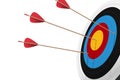 One red arrow hit on center archery board and two missing target in right composition with white background