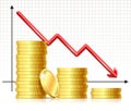 Arrow of the chart falls down and several stacks of gold coins. Royalty Free Stock Photo