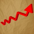 Arrow charts analysis 3d red on a crumpled paper brown background.