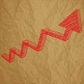 Arrow charts red scribble on a crumpled paper brown background.