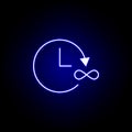 arrow circle clock infinity icon in blue neon style.. Elements of time illustration icon. Signs, symbols can be used for web, logo Royalty Free Stock Photo