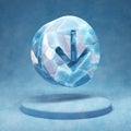 Arrow Circle Down icon. Cracked blue Ice Arrow Circle Down symbol on blue snow podium Royalty Free Stock Photo