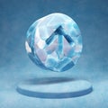 Arrow Circle Up icon. Cracked blue Ice Arrow Circle Up symbol on blue snow podium Royalty Free Stock Photo