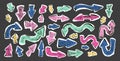 Arrow collage set crayon drawing Pointers isolated. Navigation marks. Scribble doodle paper signs. Vector hand drawn illustration