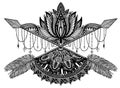 Arrow crossing amulet in ethical and mandala and lotus in style tattoo.Black color graphic in white background