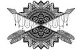 Arrow crossing amulet in ethical and mandala in style tattoo.Black color graphic in white background