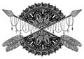 Arrow crossing amulet in ethical and mandala in style tattoo.Black color graphic in white background