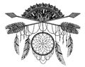 Arrow crossing amulet in ethical and mandala in style tattoo.Black color graphic in white background