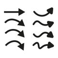 Arrow cursor icons. Direction movement symbols. Dynamic path Vector set. Black simple graphic. Royalty Free Stock Photo