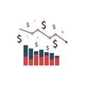 arrow decrease icon. dollar money fall down symbol. economy stretching rising drop. Business lost crisis decrease. cost reduction Royalty Free Stock Photo