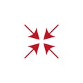Arrow direction icon. Red arrows pointing. Inward movement symbol. Vector convergence shape.